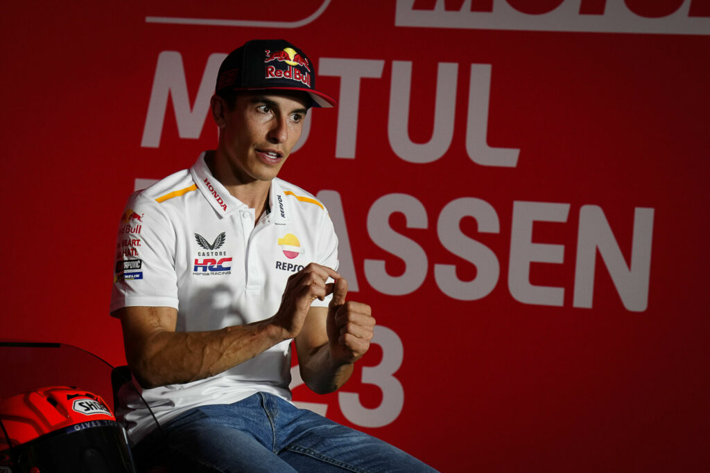 Marc Marquez talking about his broken thumb at the pre-event press conference at Assen. Photo courtesy Dorna.
