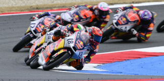 Angel Piqueras (18) leads Red Bull MotoGP Rookies Cup Race One at Assen. Photo courtesy Red Bull.