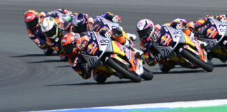 Angel Piqueras (18) leads the field in Red Bull MotoGP Rookies Cup Race Two at Assen. Photo courtesy Red Bull.