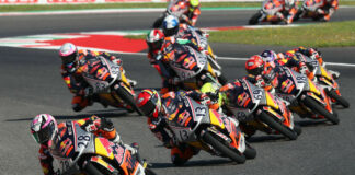 Màximo Quiles (28) leading Red Bull MotoGP Rookies Cup Race Two at Mugello. Photo courtesy Red Bull.