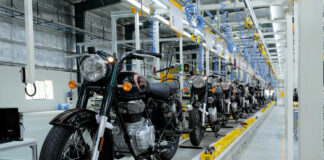 Royal Enfield motorcycles on an assembly line in Nepal. Photo courtesy Royal Enfield North America.