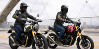 The all-new Triumph Scrambler 400 X (left) and Speed 400 (right). Photo courtesy Triumph Motorcycles.
