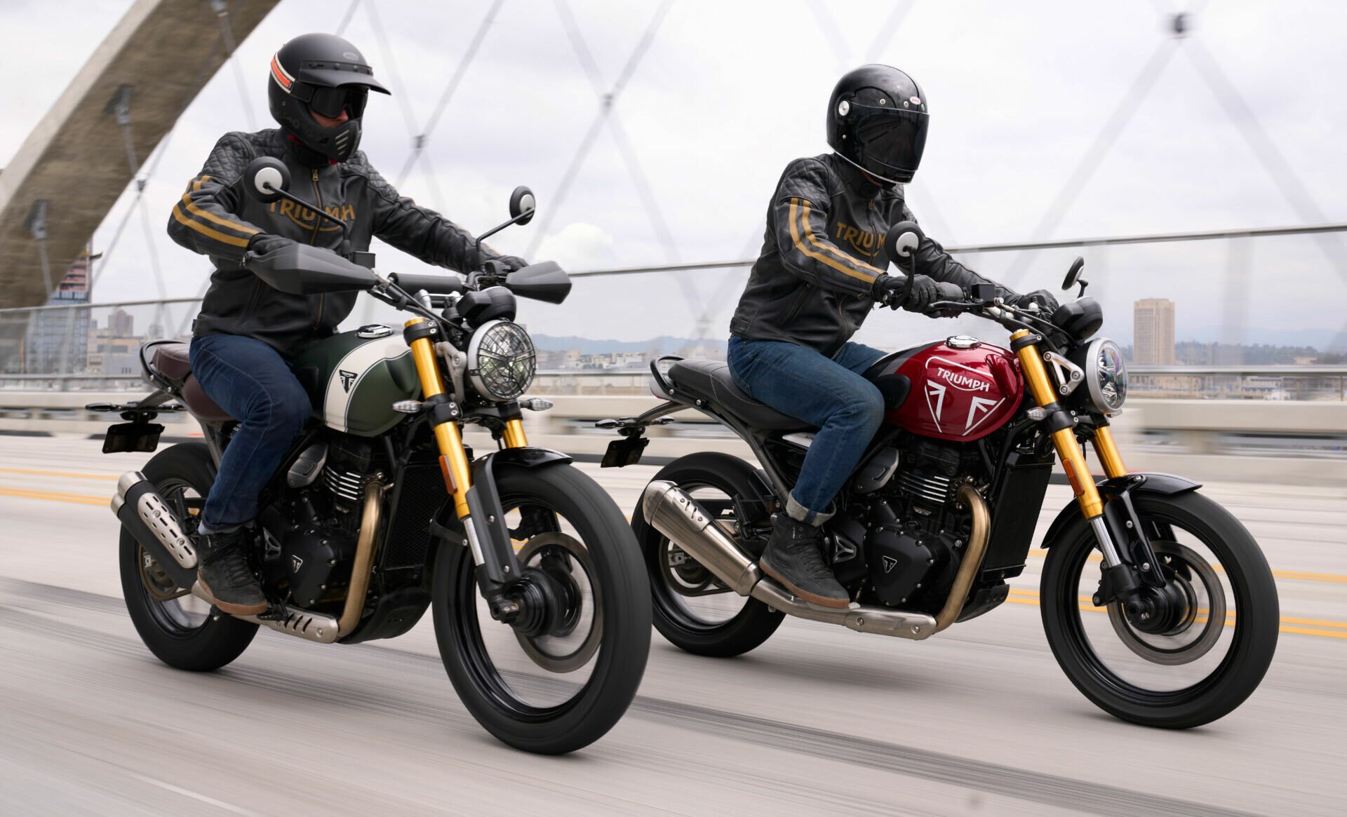 The all-new Triumph Scrambler 400 X (left) and Speed 400 (right). Photo courtesy Triumph Motorcycles.