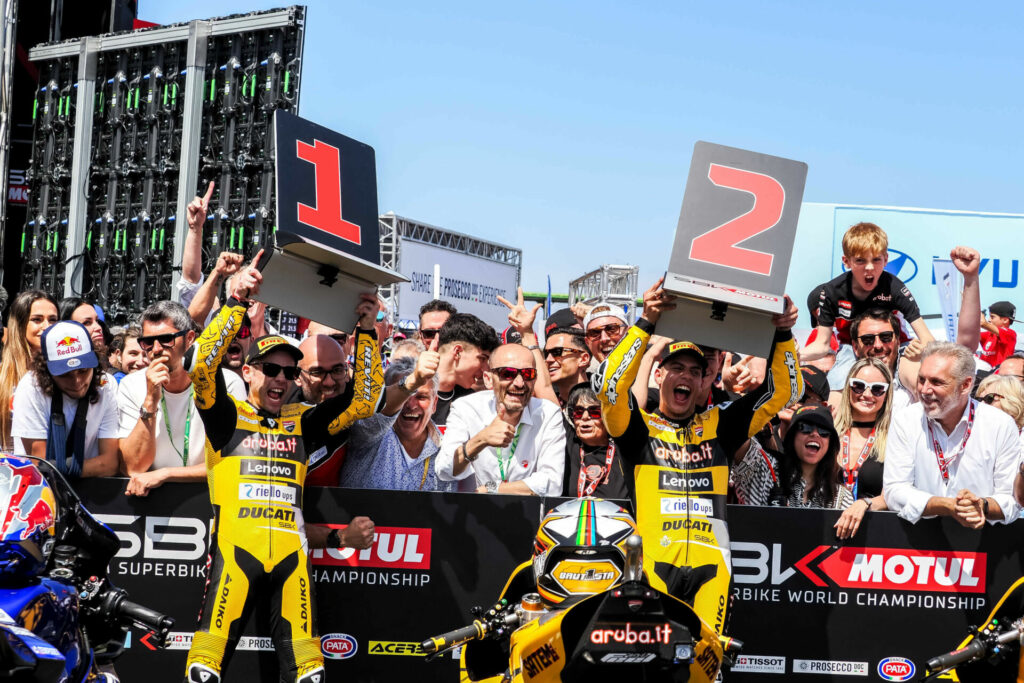 Aruba.it Racing Ducati teammates Alvaro Bautista (left) and Michael Rinaldi (right) went 1-2 in Race One. Photo courtesy Dorna.