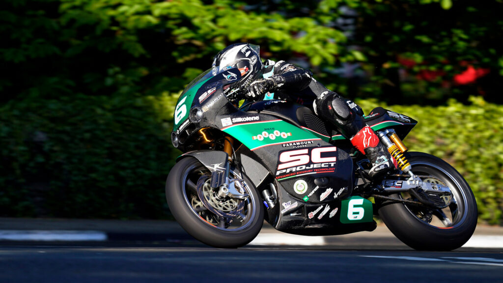 Michael Dunlop (6) en route to victory in Supertwin TT Race One. Photo courtesy Isle of Man TT Press Office.