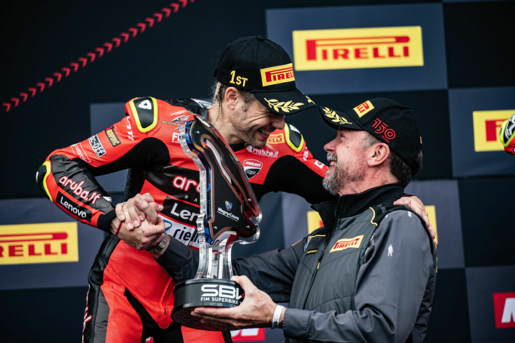 Giorgio Barbier (right), Motorcycle Racing Director Pirelli, celebrating with 2022 Superbike World Champion Alvaro Bautista (left). Photo courtesy Pirelli.