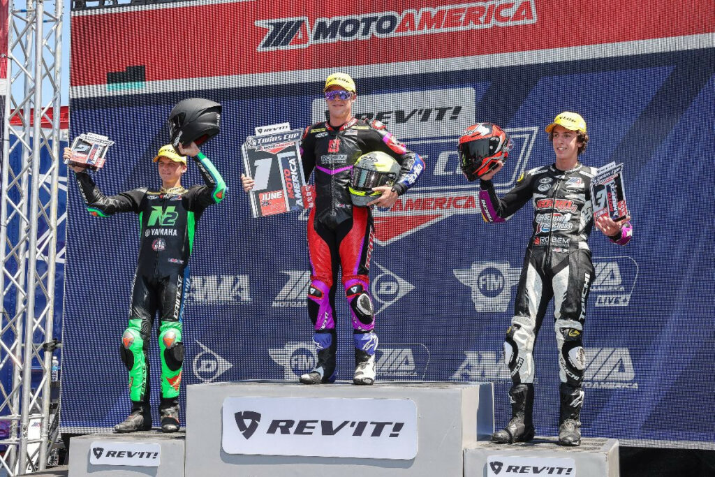 (From left) Blake Davis, Rocco Landers and Gus Rodio celebrate their top-three finishes in the REV'IT! Twins Cup race at Ridge Motorsports Park. Photo by Brian J. Nelson.