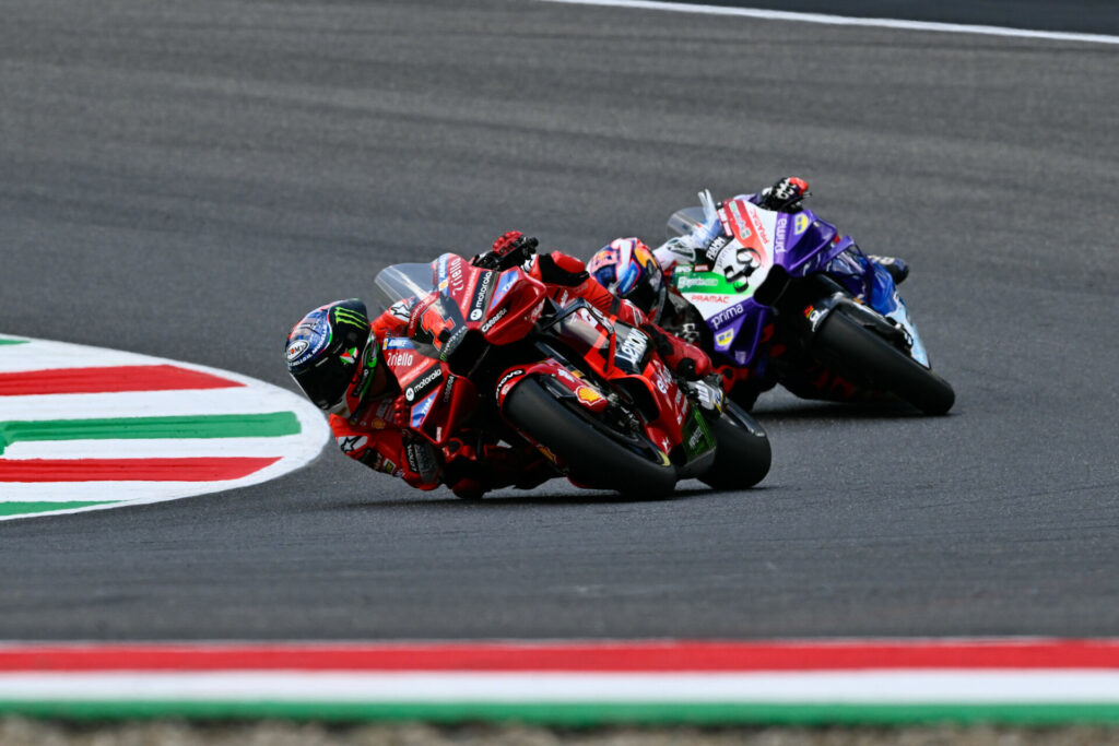 Francesco "Pecco" Bagnaia (1) held off Jorge Martin (89) ton win the MotoGP race at Mugello. Photo courtesy Dorna.