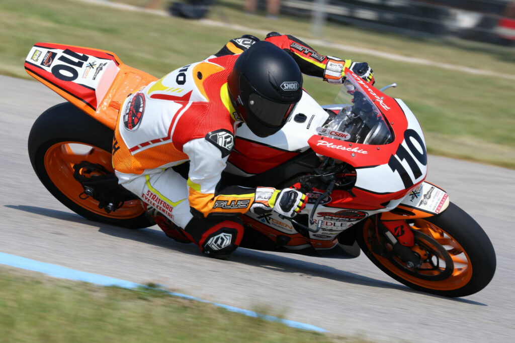 Local star Chris Pletsch (110) impressed on Friday afternoon at Grand Bend with a second place qualifying time ahead of the weekend's two Pro Superbike races. Photo by Rob O'Brien, courtesy CSBK.