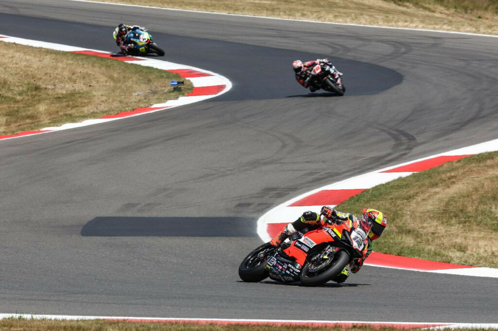 Xavi Forés (12) led the Supersport race at Ridge Motorsports Park from start to finish for his seventh consecutive victory. Photo by Brian J. Nelson.