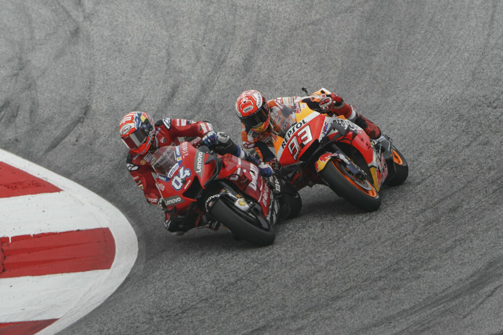 Andrea Dovizioso (04) held off Marc Marquez (93) to win in Austria in 2019. Photo courtesy Dorna.