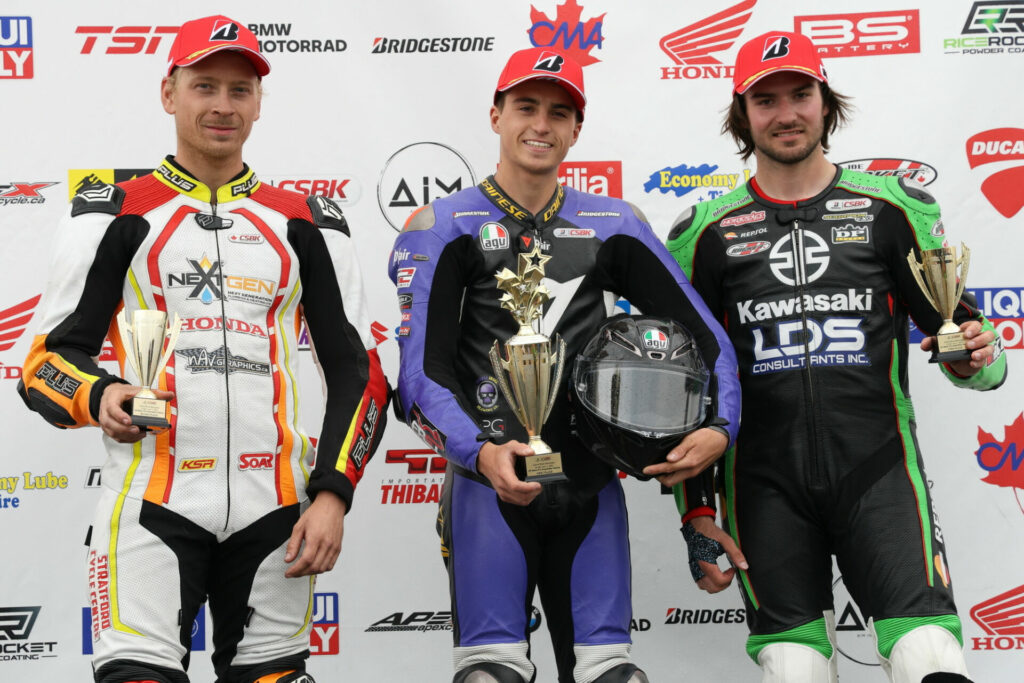 Sunday's Superbike Race Two podium (from left): Second-place finisher Chris Pletsch, race winner Alex Dumas, and Trevor Dion in third. Photo by Rob O'Brien, courtesy CSBK.