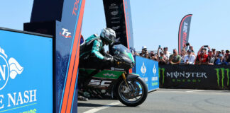 Michael Dunlop (6) at the start line for Supertwin TT Race Two. Photo courtesy Isle of Man TT Press Office.