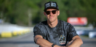 MotoAmerica Superbike racer Corey Alexander with the Have A Nice Day (HAND) Gasolina-blend coffee bearing his likeness. Photo courtesy RideHVMC.