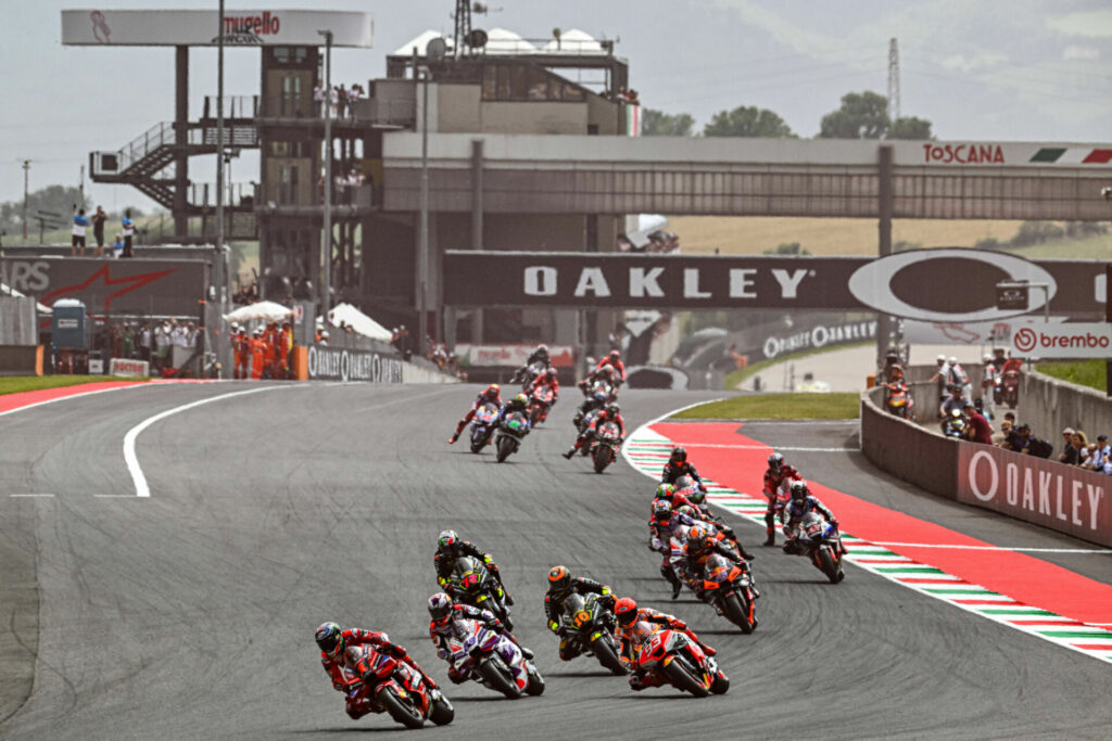 Francesco Bagnaia (1) leads Saturday's MotoGP Sprint race at Mugello. Photo courtesy Dorna.