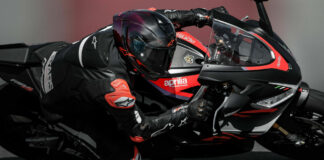 A test rider wearing Alpinestars' new Supertech R10 full-face road race helmet. Photo courtesy Alpinestars.