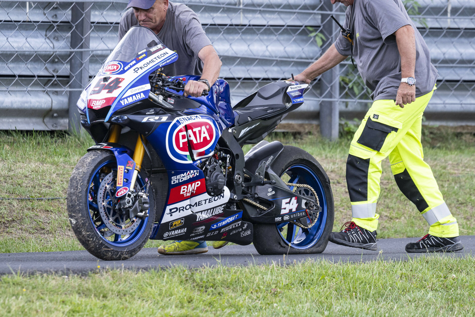 Toprak Razgatlioglu's rear tire blistered and suffered sudden deflation prior to his crash in World Superbike Race Two at Autodrom Most. Photo courtesy Yamaha.