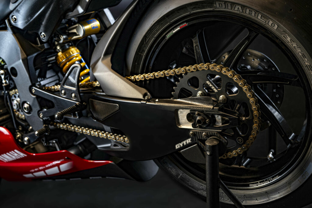 The R1 GYTR PRO 25th Anniversary track-only bike comes with a long list of special parts, including an Ohlins rear shock, an underslung rear swingarm, and lightweight wheels. Photo courtesy Yamaha Motor Europe.