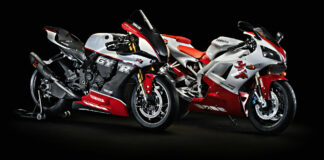 Yamaha Motor Europe is selling a very limited number of R1 GYTR PRO 25th Anniversary track-only models (left) to celebrate the 25th anniversary of the Yamaha YZF-R1 (right). Photo courtesy Yamaha Motor Europe.