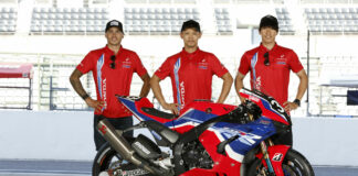 Team HRC with Japan Post riders (from left) Xavi Vierge, Takumi Takahashi, and Tetsuta Nagashima. Photo courtesy HRC.