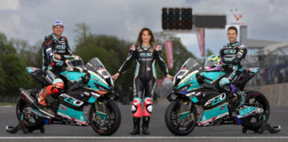 (From left) Peter Hickman, Faye Ho, and Josh Brookes. Photo courtesy FHO Racing Team.