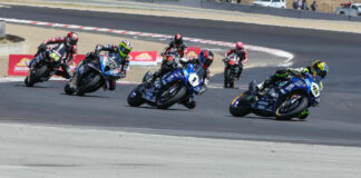 Cameron Petersen (45) leads Jake Gagne (1), PJ Jacobsen (99), Richie Escalante (54), Mathew Scholtz (11), and Brandon Paasch (96) during MotoAmerica Superbike Race Three at WeatherTech Raceway Laguna Seca. Photo by Brian J. Nelson, courtesy Yamaha.