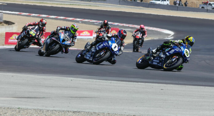 Cameron Petersen (45) leads Jake Gagne (1), PJ Jacobsen (99), Richie Escalante (54), Mathew Scholtz (11), and Brandon Paasch (96) during MotoAmerica Superbike Race Three at WeatherTech Raceway Laguna Seca. Photo by Brian J. Nelson, courtesy Yamaha.