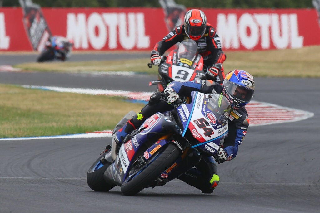 Toprak Razgatlioglu (54) held off Danilo Petrucci (9) to get second place. Photo courtesy Dorna.