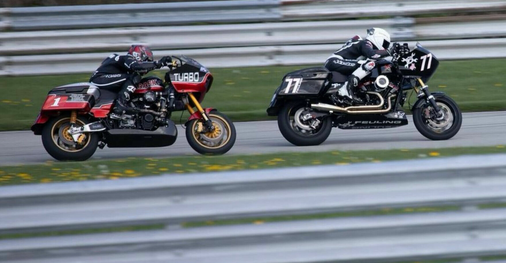 Jesse Janisch (77) and Shane Narbonne (1) in action during the Bagger Racing League event at PittRace. Photo courtesy Trask Performance.