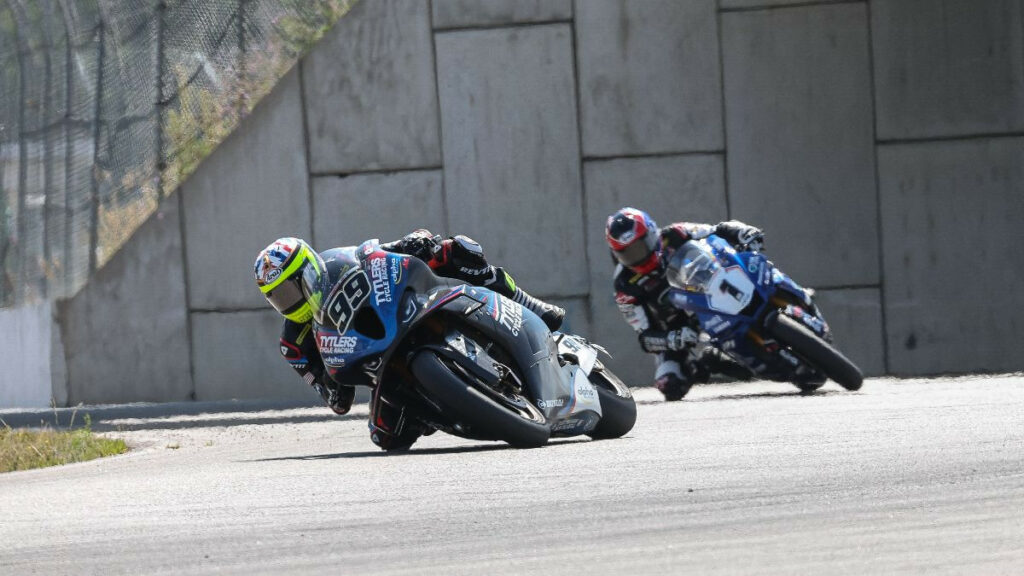 PJ Jacobsen (99) defeated Jake Gagne (1) to win his career-first MotoAmerica Superbike race. Photo by Brian J. Nelson.