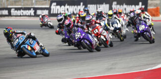 Angel Piqueras (18) leads a JuniorGP race at Algarve International Circuit, in Portimao, Portugal. Photo courtesy Dorna.