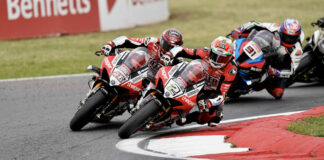Glenn Irwin (2) leads teammate Tommy Bridewell (46), Leon Haslam (91), and the rest of the field Sunday at Snetterton. Photo courtesy MSVR.