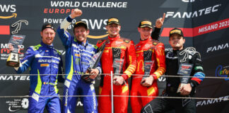 Valentino Rossi (second from left) and his teammate Maxime Martin (far left) won the Fanatec GT World Challenge Europe Sprint Cup race at Misano. Photo courtesy Team WRT.