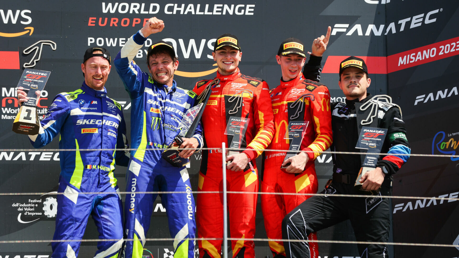 Valentino Rossi (second from left) and his teammate Maxime Martin (far left) won the Fanatec GT World Challenge Europe Sprint Cup race at Misano. Photo courtesy Team WRT.