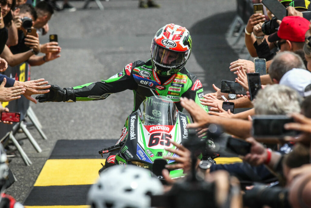Jonathan Rea (65) on his way to the podium after winning Race One. Photo courtesy Dorna.