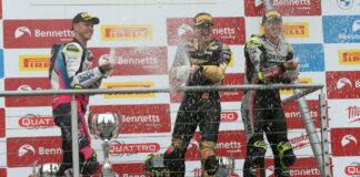 Race One winner Ryan Vickers (center), runner-up Danny Kent (left) and third-place finisher Christian Iddon (right) on the podium at Brands Hatch. Photo courtesy MSVR.
