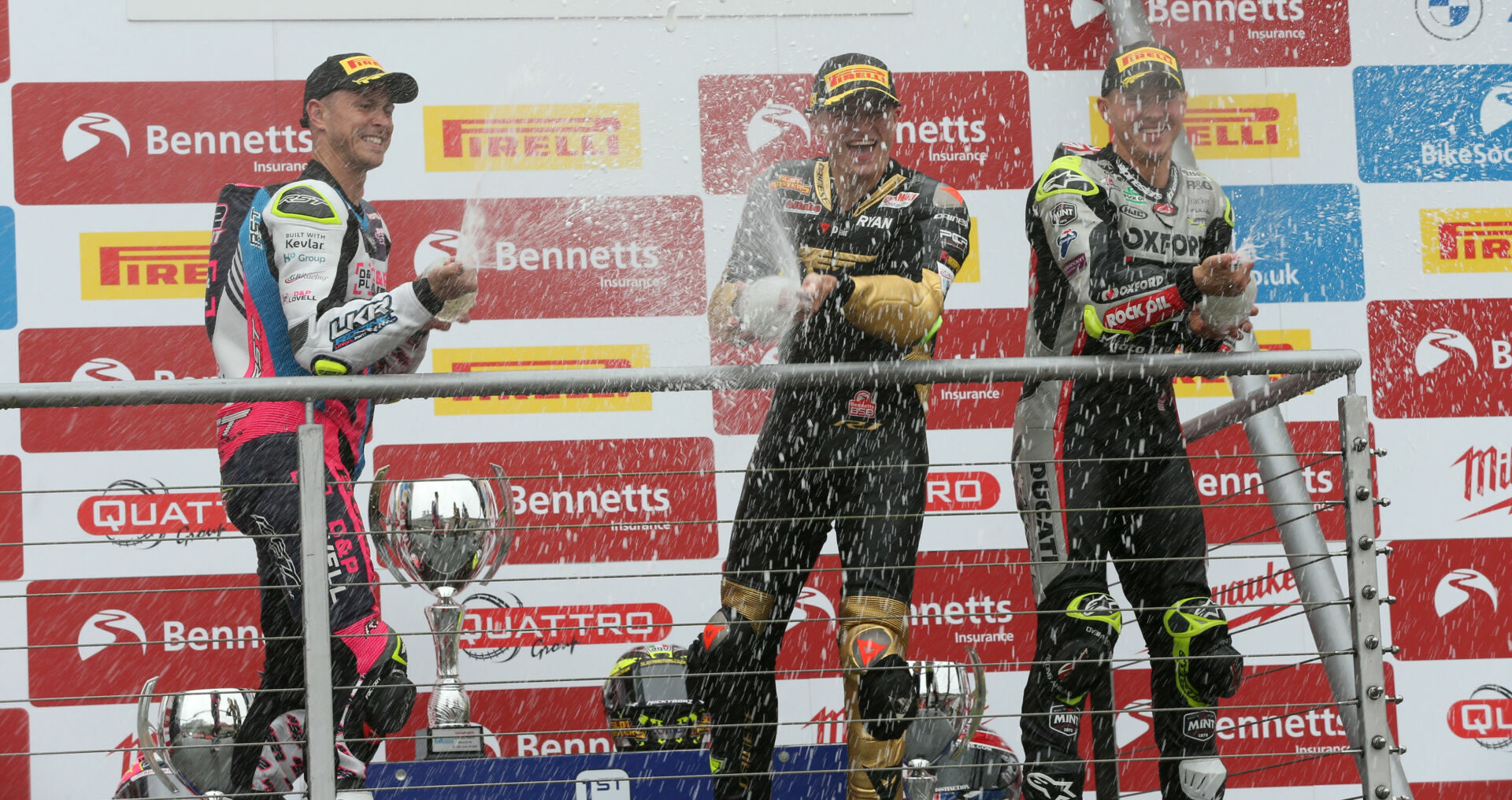Race One winner Ryan Vickers (center), runner-up Danny Kent (left) and third-place finisher Christian Iddon (right) on the podium at Brands Hatch. Photo courtesy MSVR.