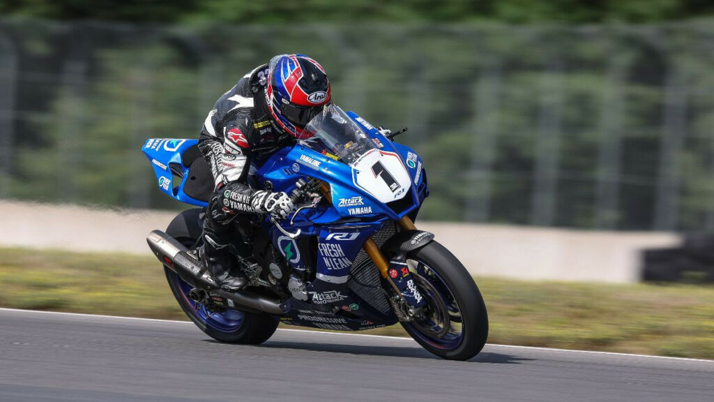 Jake Gagne (1) led Friday afternoon's Medallia Superbike qualifying session at Brainerd International Raceway. Photo by Brian J. Nelson, courtesy MotoAmerica.