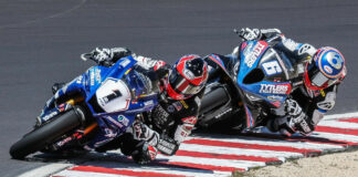 Jake Gagne (1) and Cameron Beaubier (6) are locked in an epic MotoAmerica Medallia Superbike Championship title fight. Photo by Brian J. Nelson.