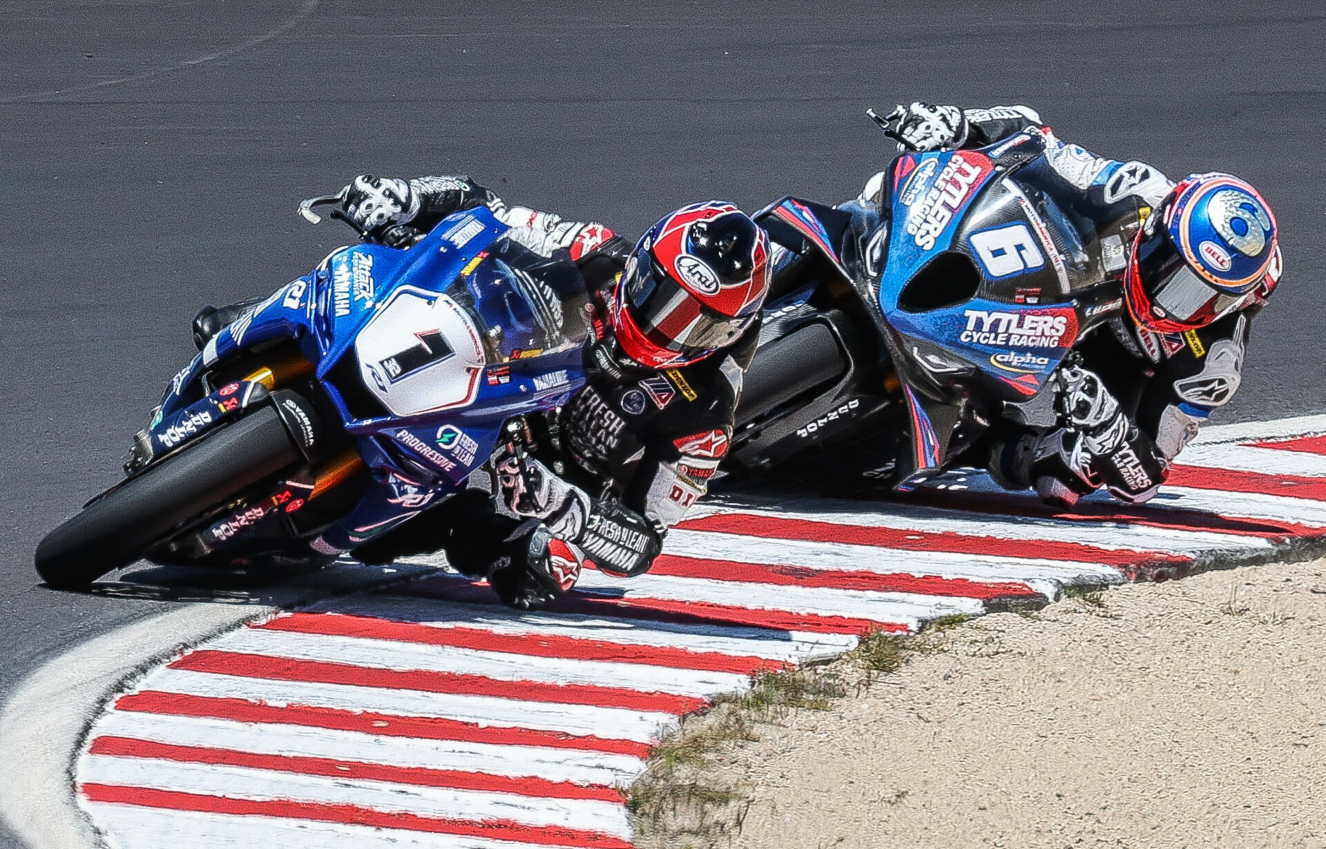 Jake Gagne (1) and Cameron Beaubier (6) are locked in an epic MotoAmerica Medallia Superbike Championship title fight. Photo by Brian J. Nelson.