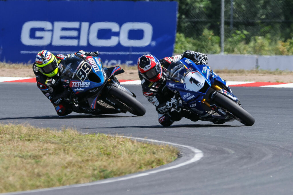 Jake Gagne (1) held off PJ Jacobsen (99) to win Race One. Photo by Brian J. Nelson.