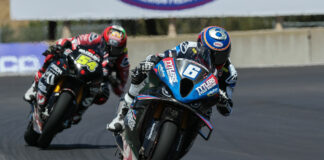 Cameron Beaubier (6) and Richie Escalante (54) were first and third, respectively, in MotoAmerica Superbike Q1 at Laguna Seca. Photo by Brian J. Nelson.