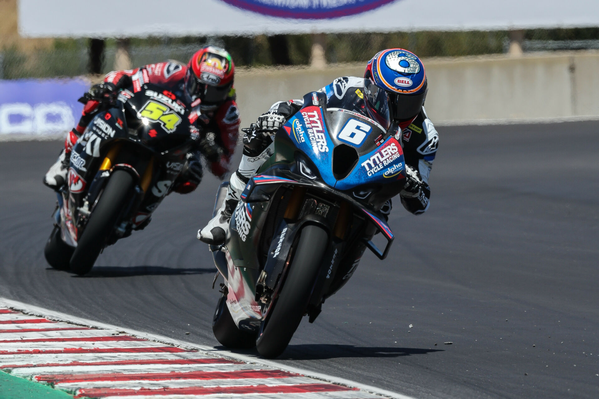 Cameron Beaubier (6) and Richie Escalante (54) were first and third, respectively, in MotoAmerica Superbike Q1 at Laguna Seca. Photo by Brian J. Nelson.