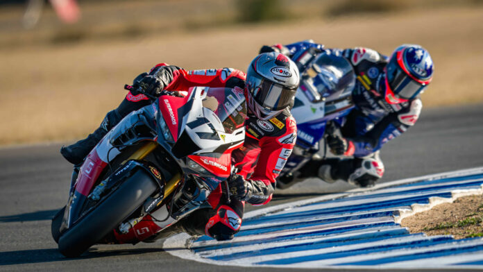 Troy Herfoss (17) leads Mike Jones (1) at Morgan Park Raceway. Photo courtesy ASBK.