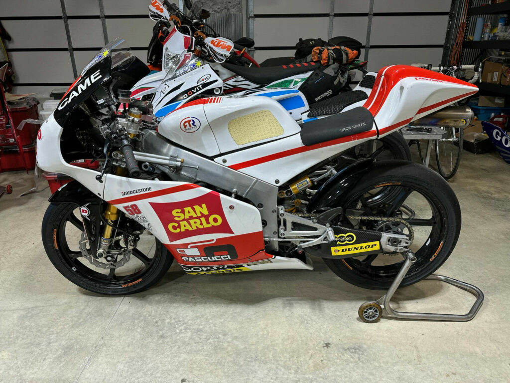 Look familiar? Fans of the 2014 Moto3 season will recognize the profile, (this is a real FTR250 Team Gresini bike) while Marco Simoncelli fans will love the paint on Staropoli’s latest acquisition. “It’s shocking to see how far Moto3 bikes have come,” Ralph says. “This thing has dual front discs, launch control, data…way beyond my NSF…so imagine how great a 2023 Moto3 bike must be!” Photo by Ralph Staropoli.
