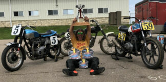 Greg Tomlinson, winner of the 2022 AHRMA Classic MotoFest™ in the Heartland Triple Crown, with his (from left) road race, motocross, and flat track bikes. Photo by Stephanie Vetterly, courtesy AHRMA.