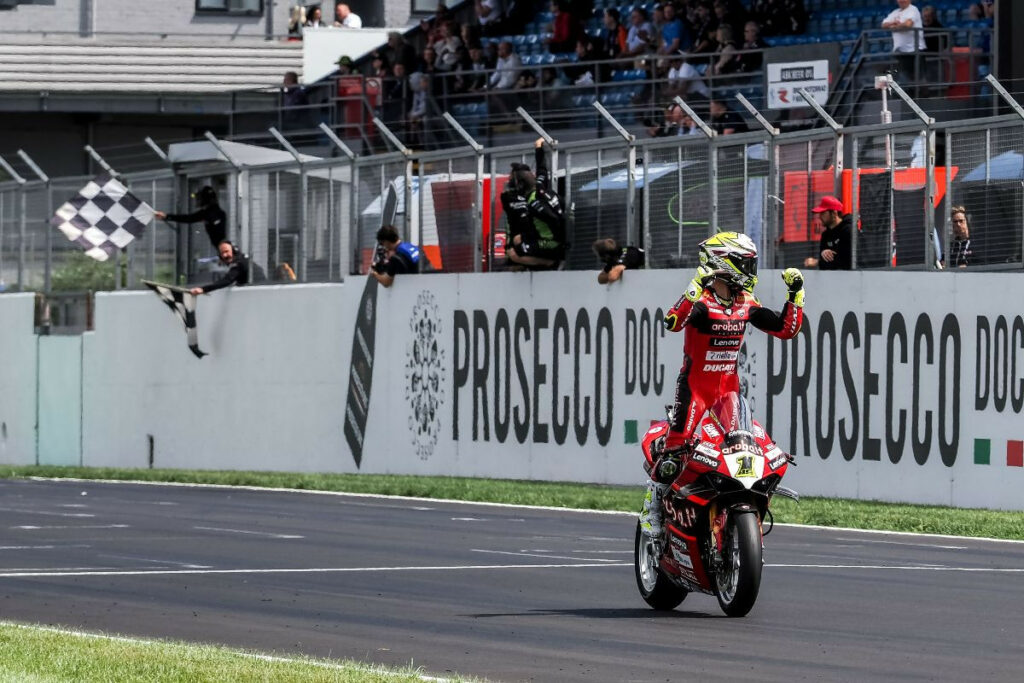 Alvaro Bautista (1) won World Superbike Race One Saturday at Donington Park. Photo courtesy Dorna.