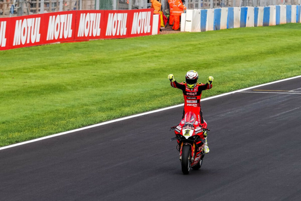 Alvaro Bautista (1) celebrates at Donington Park. Photo courtesy Dorna.