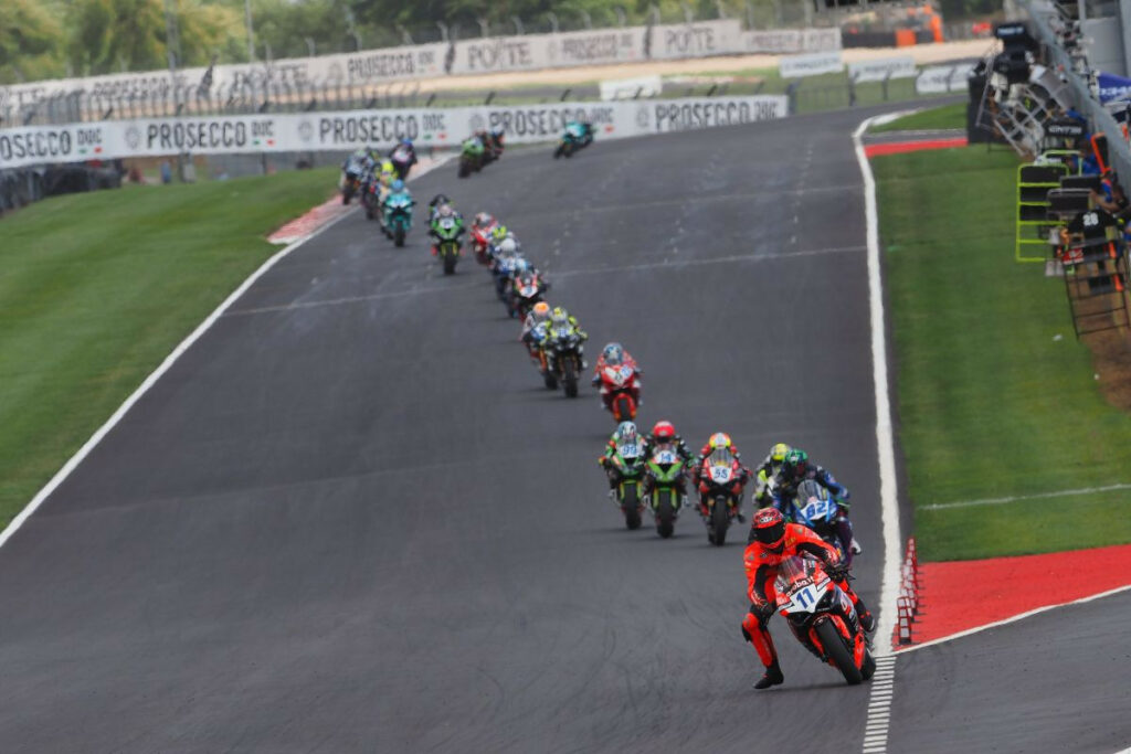 Nicolo Bulega (11) leads the World Supersport field Saturday at Donington Park. Photo courtesy Dorna.