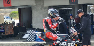 Brandon Paasch on his new Vision Wheel M4 ECSTAR Suzuki GSX-R1000R Superbike on pit lane at Laguna Seca with Team Manager Chris Ulrich. Photo courtesy Team Hammer.